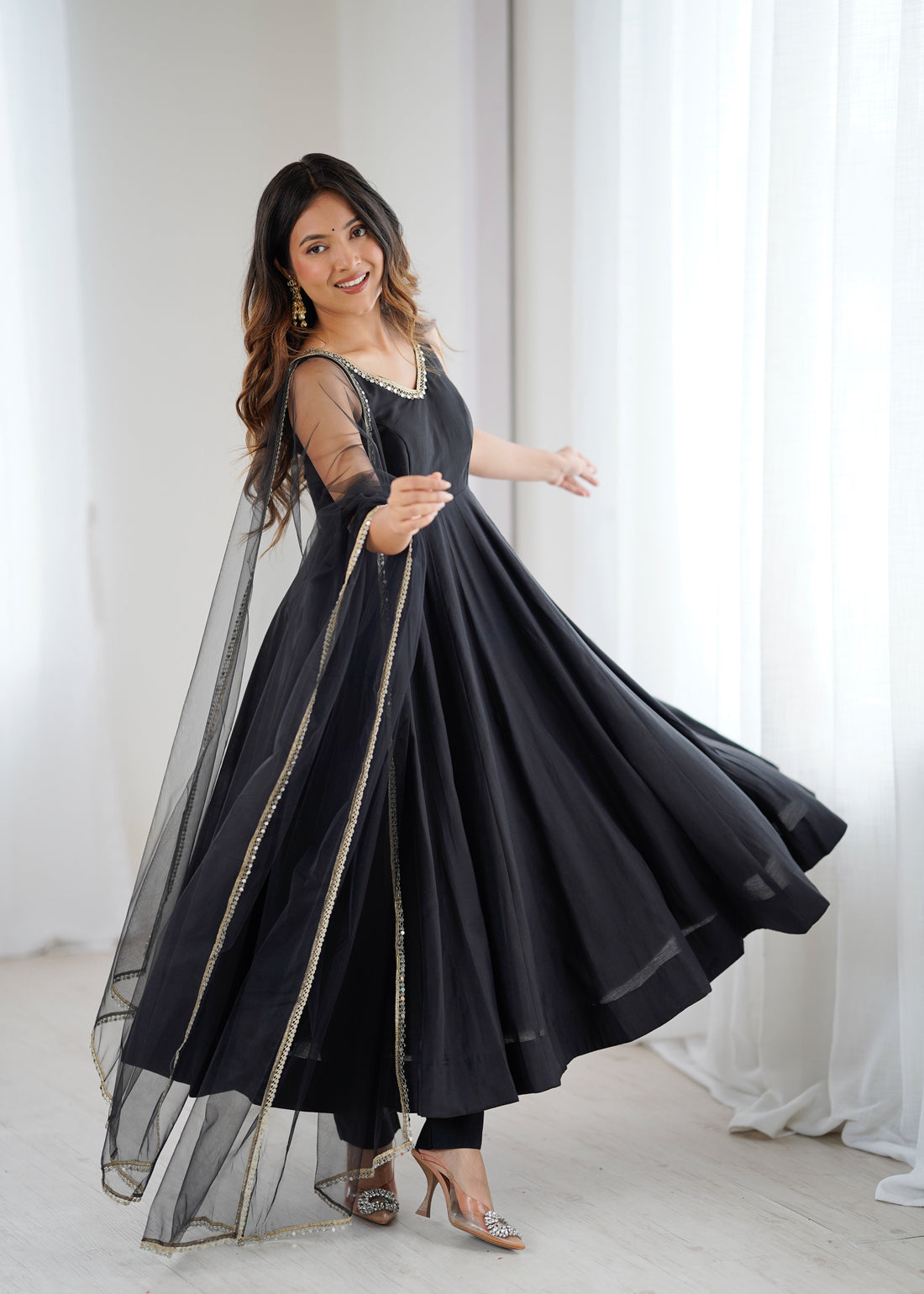 BLACK ROMAN SILK ANARKALI SUIT SET