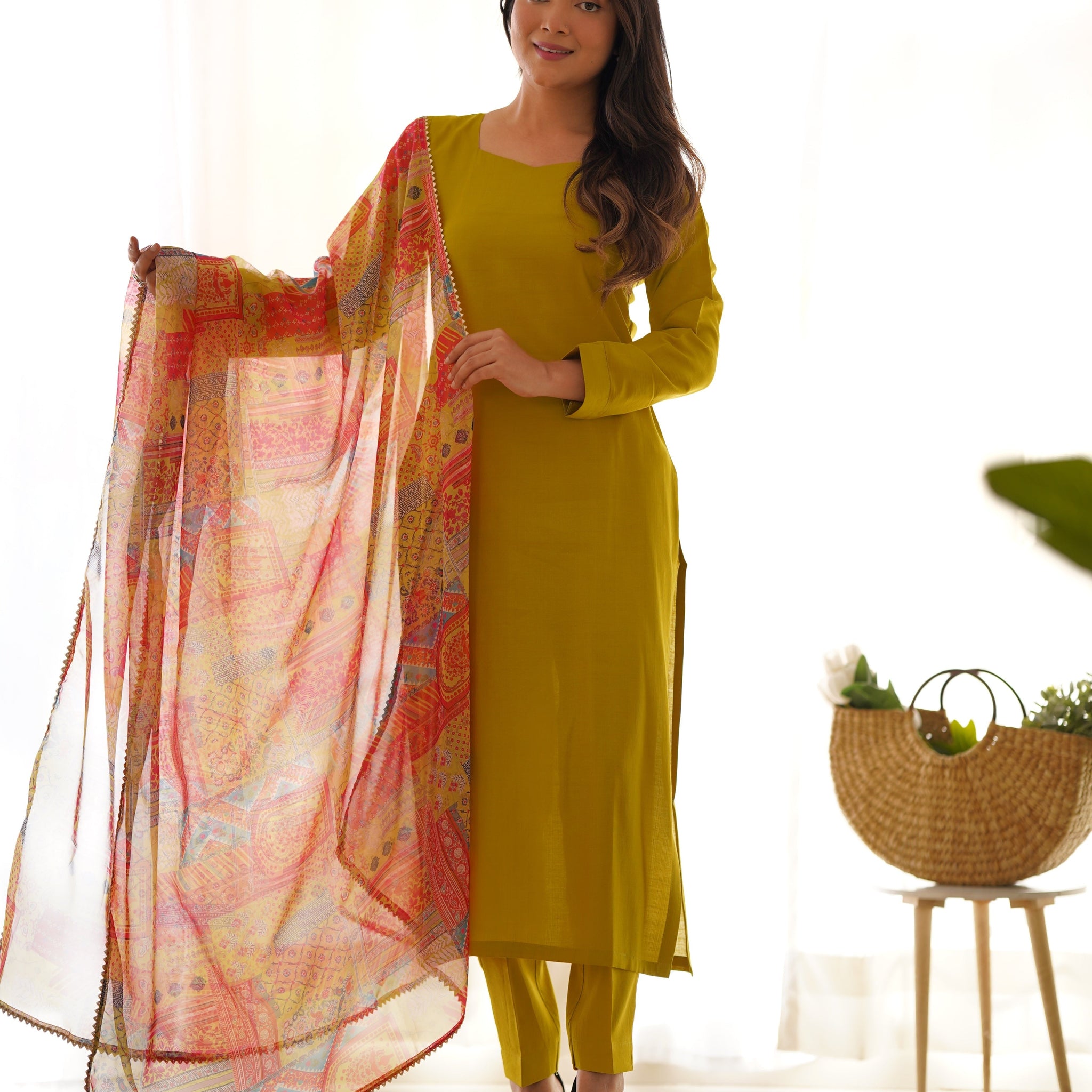 LEMON GREEN PURE SOFT VISCOSE KURTA SUIT SET WITH DUPATTA & PANT