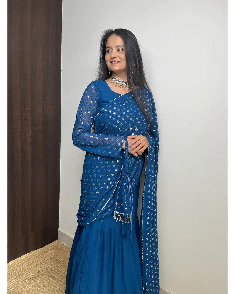 BLUE COLOR BEAUTIFUL SEQUENCE WORK LEHENGA SAREE WITH POTLI BAG
