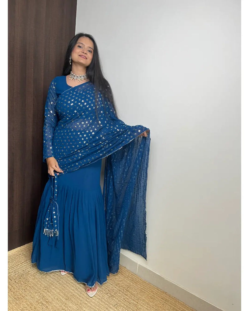 BLUE COLOR BEAUTIFUL SEQUENCE WORK LEHENGA SAREE WITH POTLI BAG