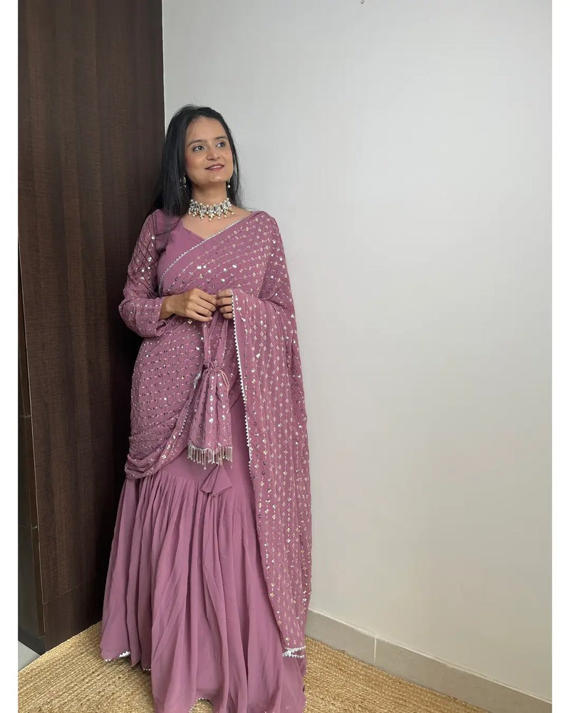 PURPLE COLOR BEAUTIFUL SEQUENCE WORK LEHENGA SAREE WITH POTLI BAG