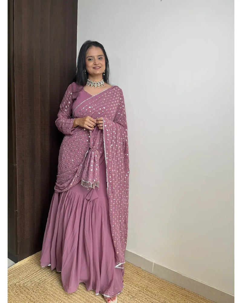 PURPLE COLOR BEAUTIFUL SEQUENCE WORK LEHENGA SAREE WITH POTLI BAG