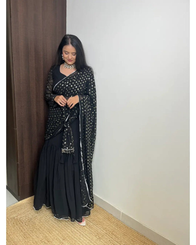 BLACK COLOR BEAUTIFUL SEQUENCE WORK LEHENGA SAREE WITH POTLI BAG