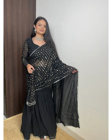 BLACK COLOR BEAUTIFUL SEQUENCE WORK LEHENGA SAREE WITH POTLI BAG