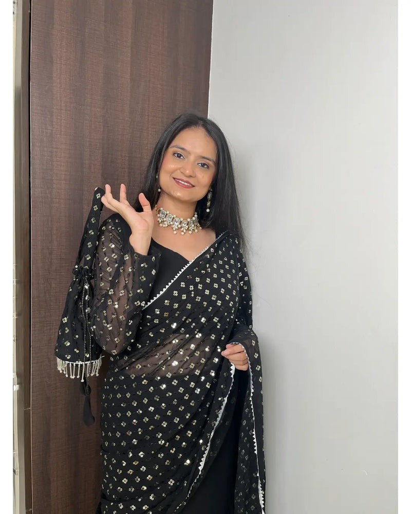 BLACK COLOR BEAUTIFUL SEQUENCE WORK LEHENGA SAREE WITH POTLI BAG
