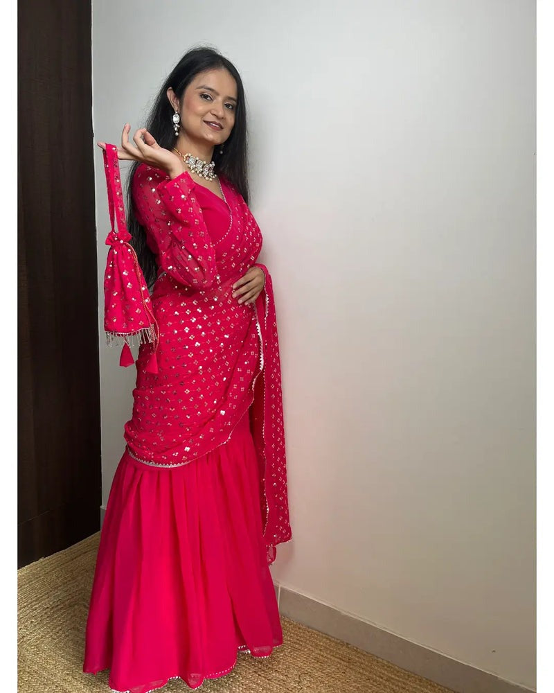 PINK COLOR BEAUTIFUL SEQUENCE WORK LEHENGA SAREE WITH POTLI BAG