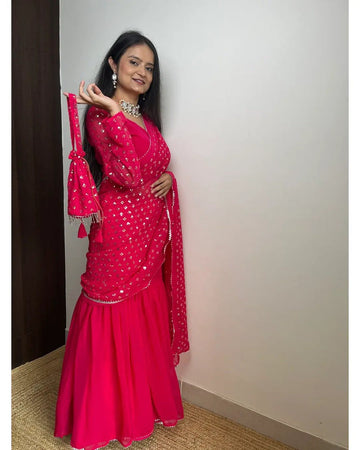 PINK COLOR BEAUTIFUL SEQUENCE WORK LEHENGA SAREE WITH POTLI BAG