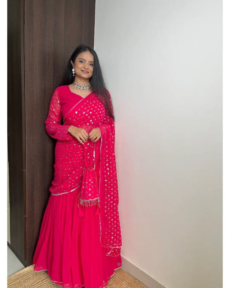 PINK COLOR BEAUTIFUL SEQUENCE WORK LEHENGA SAREE WITH POTLI BAG