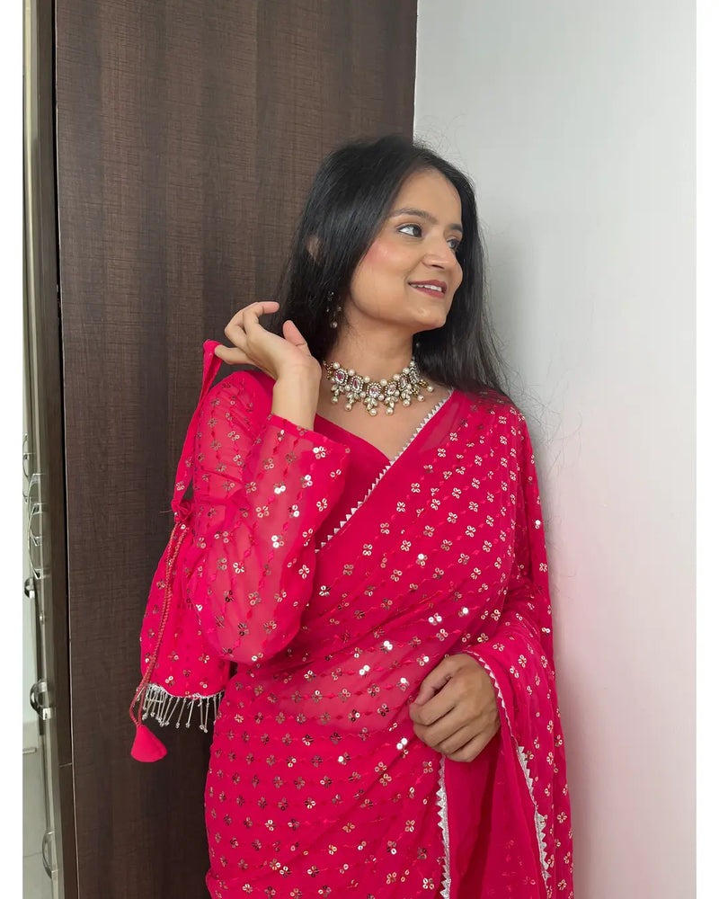 PINK COLOR BEAUTIFUL SEQUENCE WORK LEHENGA SAREE WITH POTLI BAG