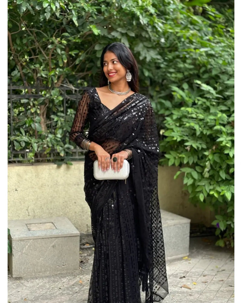 THIS DESIGNER HOT BLACK SAREE IS PERFECT FOR YOUR COCKTAIL EVENING TO RECEPTION PARTY.
