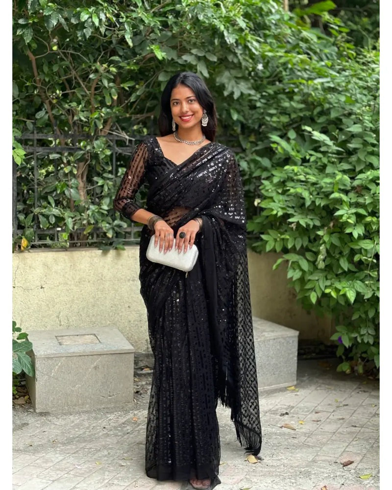 THIS DESIGNER HOT BLACK SAREE IS PERFECT FOR YOUR COCKTAIL EVENING TO RECEPTION PARTY.