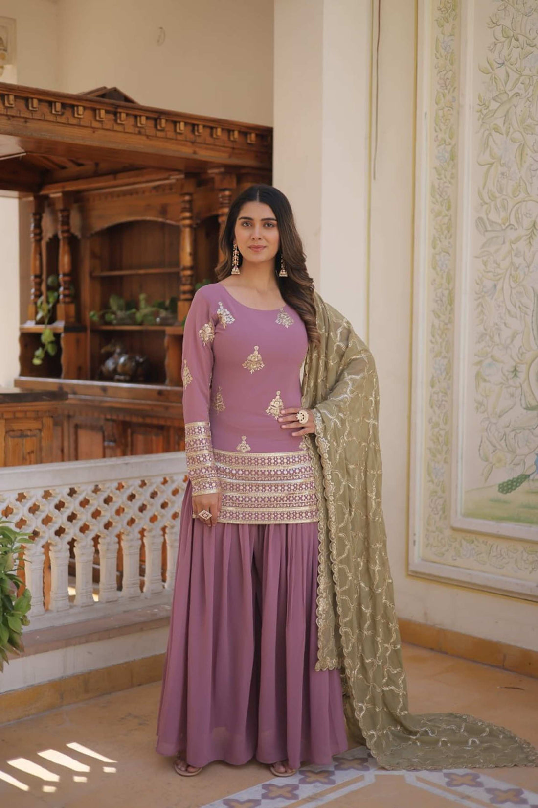 ONION COLOR PALAZZO SUIT WITH EMBROIDERY WORK
