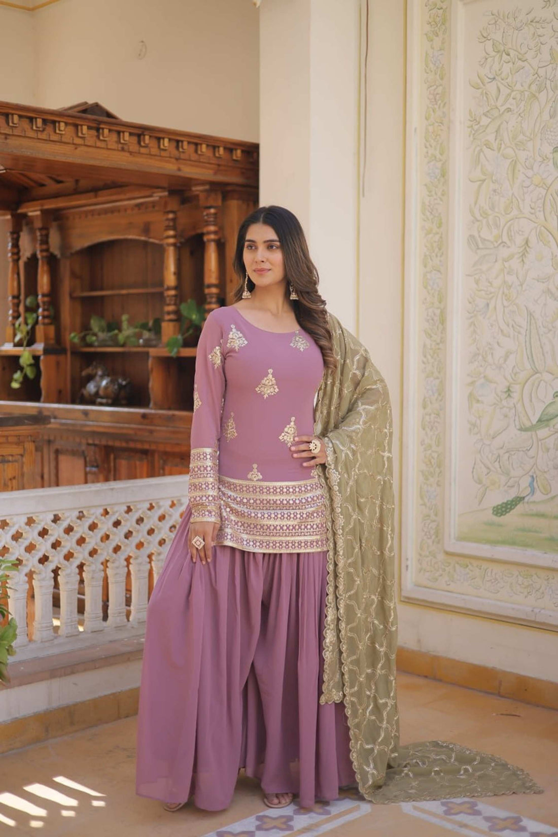 ONION COLOR PALAZZO SUIT WITH EMBROIDERY WORK