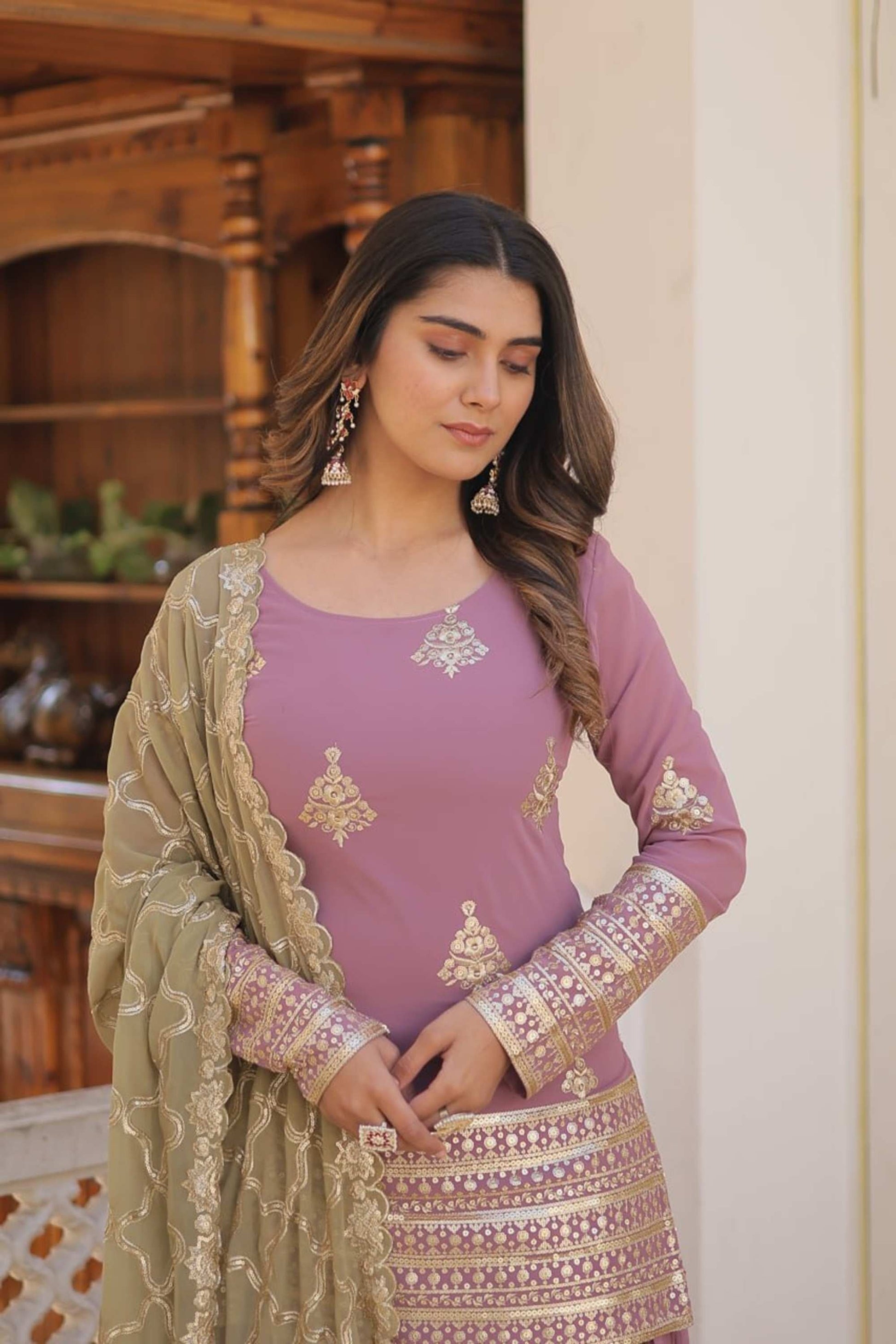 ONION COLOR PALAZZO SUIT WITH EMBROIDERY WORK