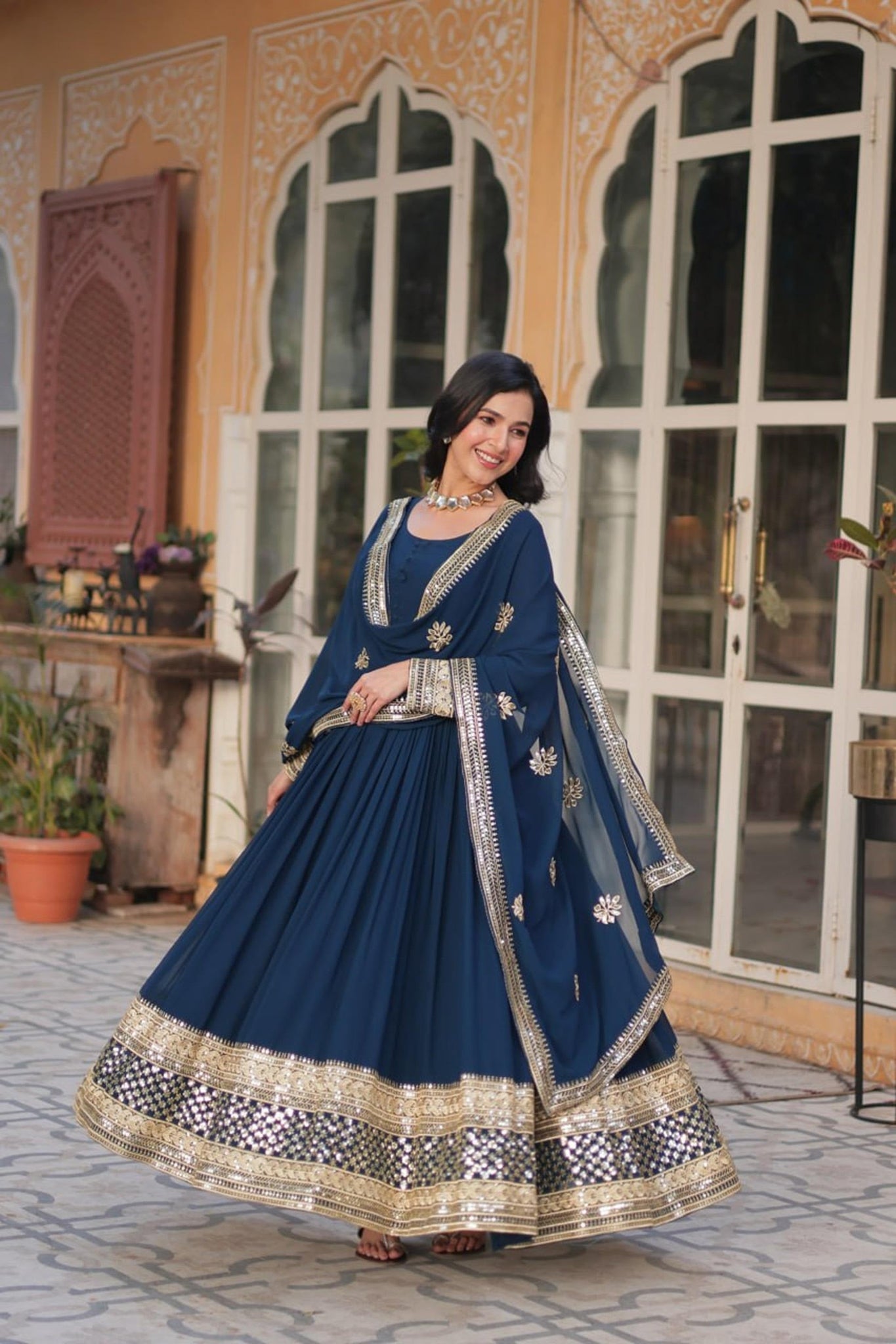 ROYAL BLUE FAUX BLOOMING GOWN WITH ZARI SEQUINS EMBROIDERY