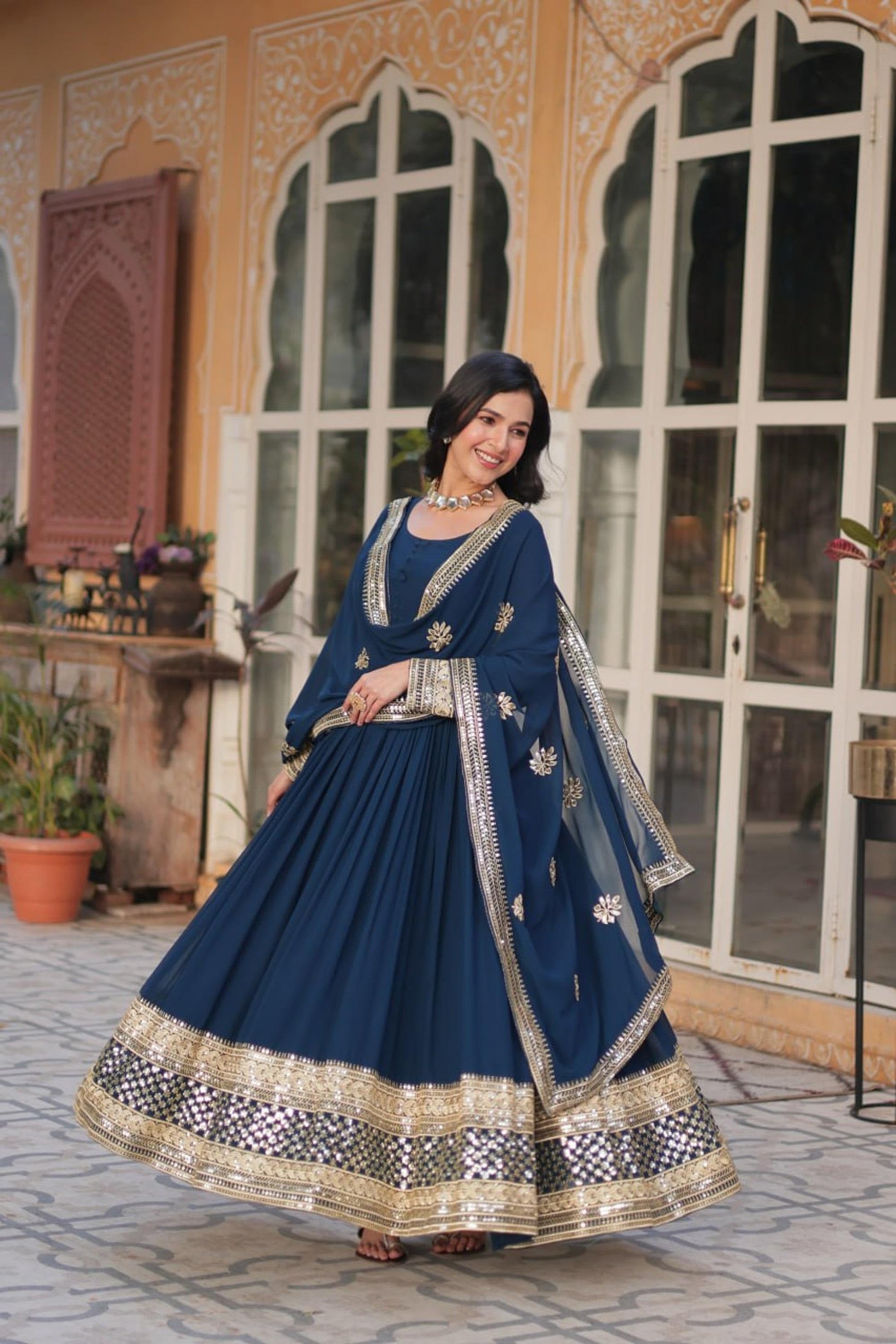 ROYAL BLUE FAUX BLOOMING GOWN WITH ZARI SEQUINS EMBROIDERY