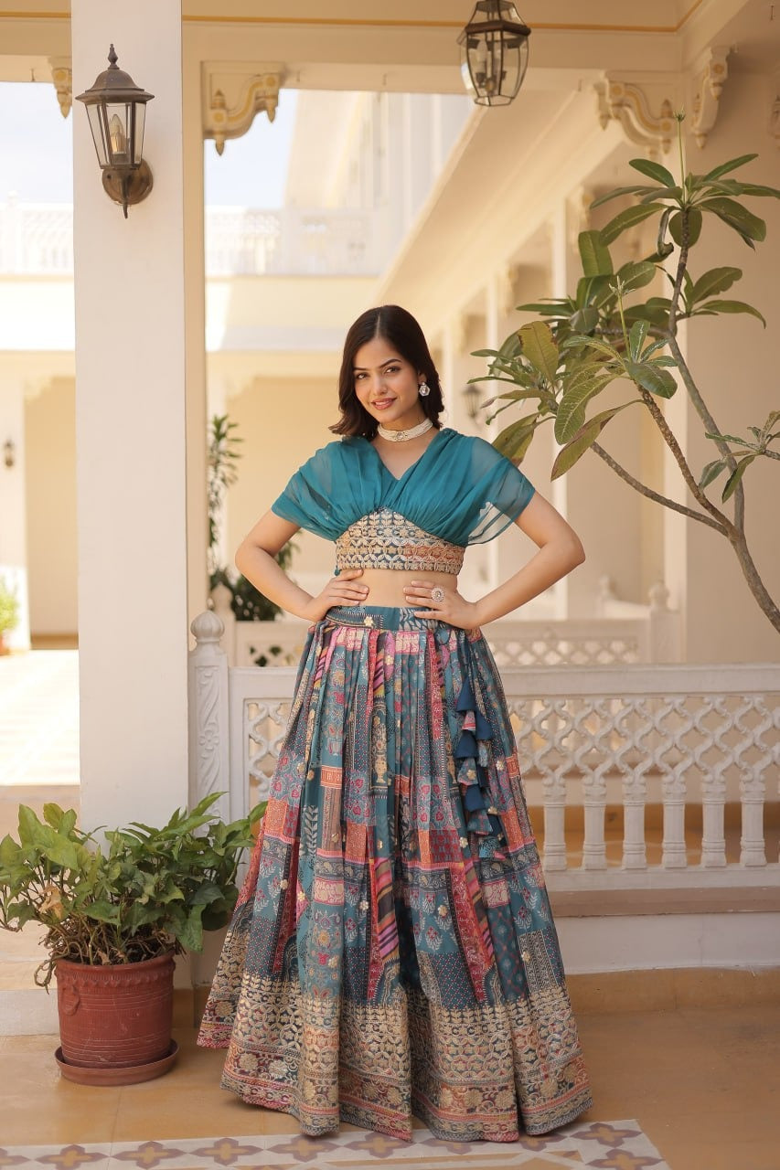 LUXURIOUS TURKISH RUSSIAN SILK WITH DIGITAL PRINT LEHENGA WITH DESIGNER BLOUSE