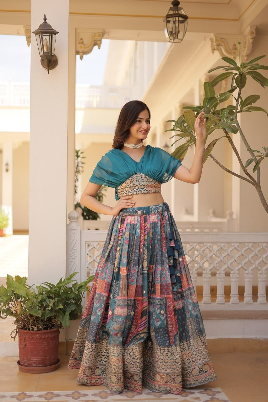 LUXURIOUS TURKISH RUSSIAN SILK WITH DIGITAL PRINT LEHENGA WITH DESIGNER BLOUSE