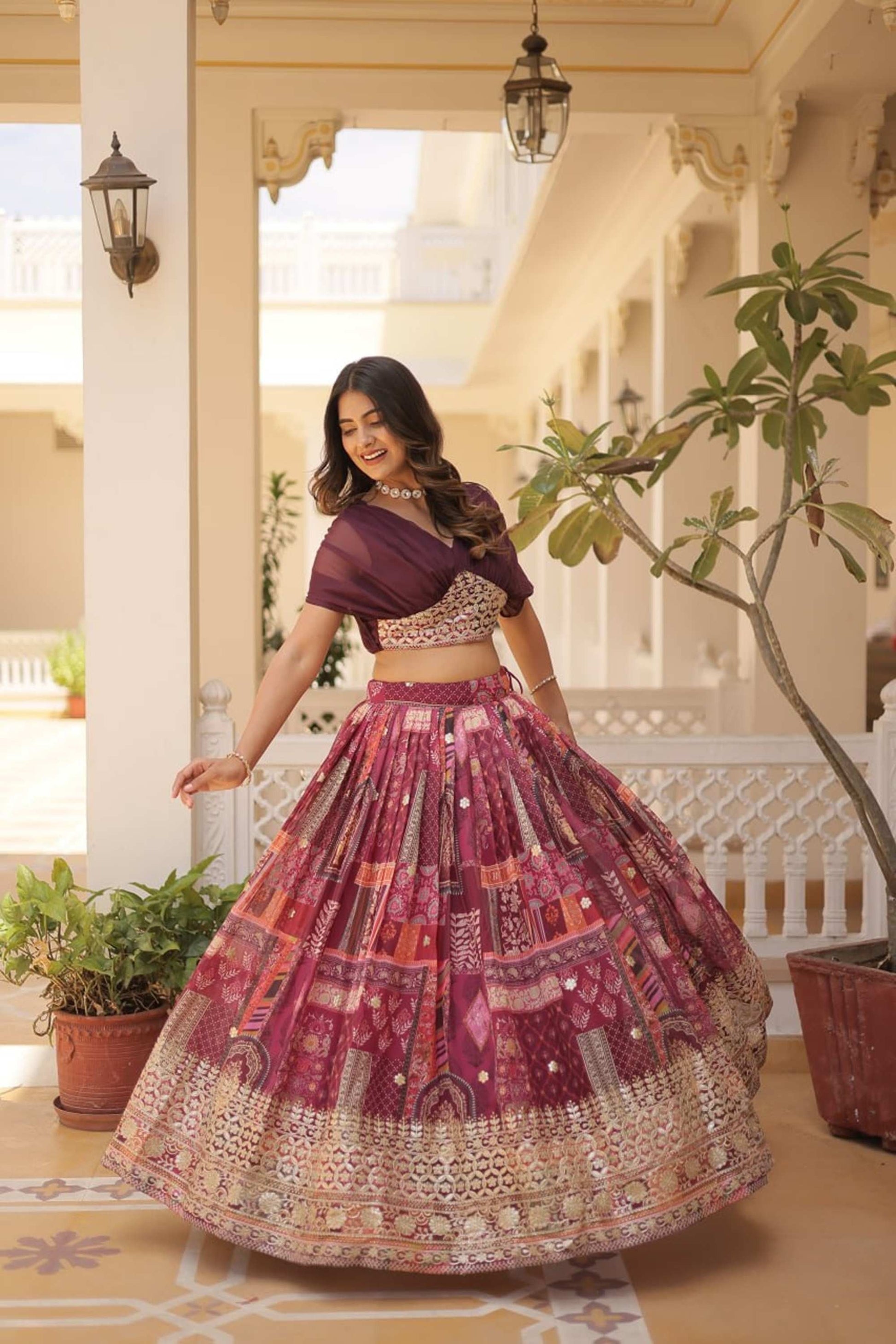 LUXURIOUS WINE RUSSIAN SILK WITH DIGITAL PRINT LEHENGA WITH DESIGNER BLOUSE