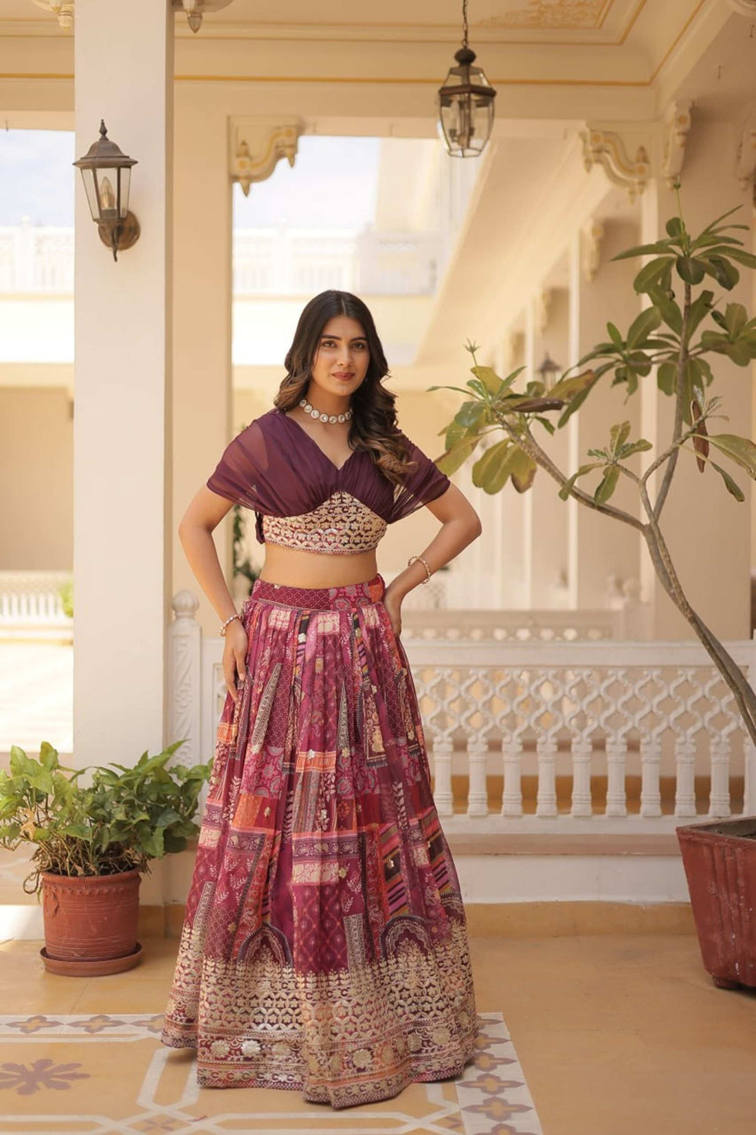 LUXURIOUS WINE RUSSIAN SILK WITH DIGITAL PRINT LEHENGA WITH DESIGNER BLOUSE
