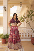 LUXURIOUS WINE RUSSIAN SILK WITH DIGITAL PRINT LEHENGA WITH DESIGNER BLOUSE