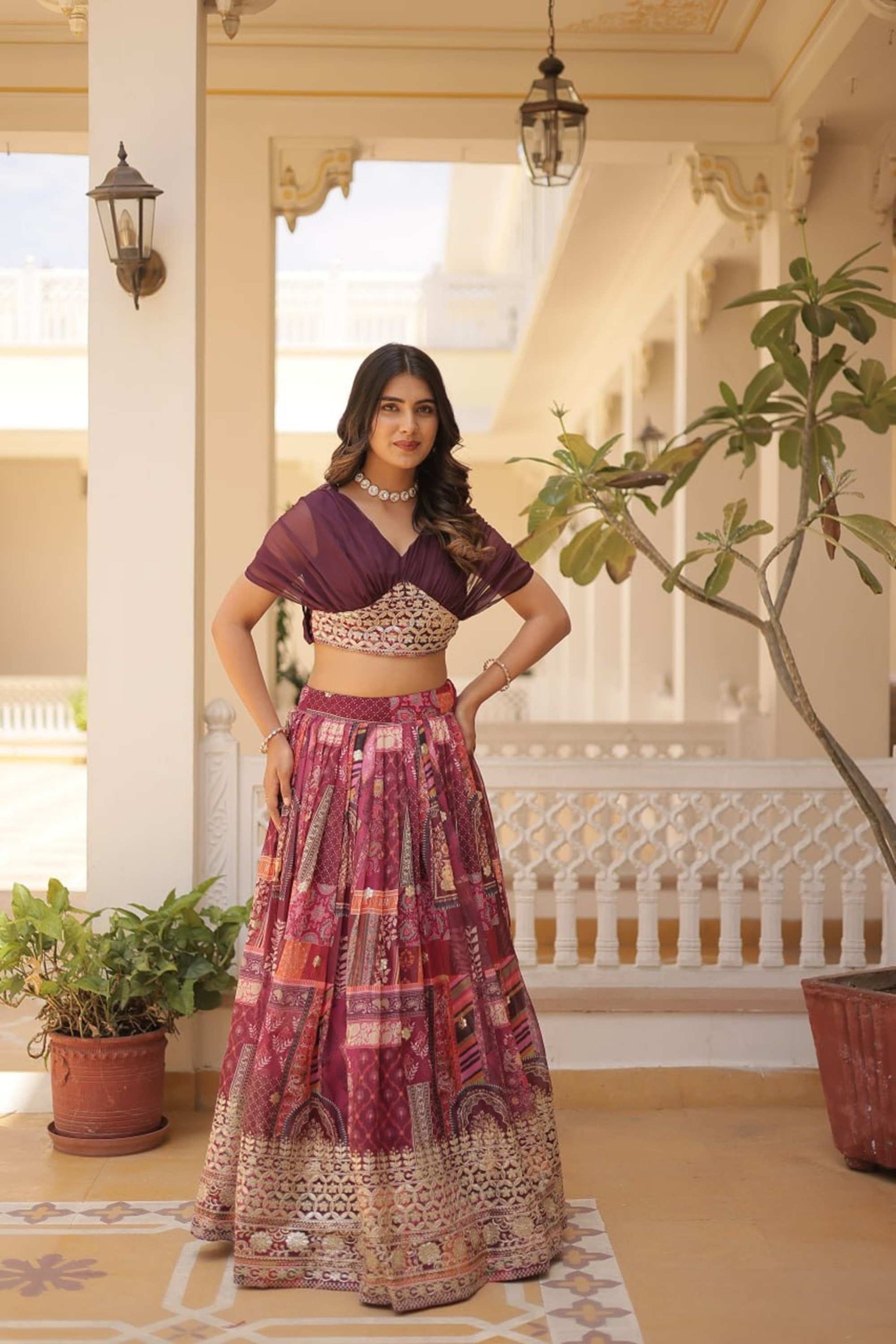 LUXURIOUS WINE RUSSIAN SILK WITH DIGITAL PRINT LEHENGA WITH DESIGNER BLOUSE