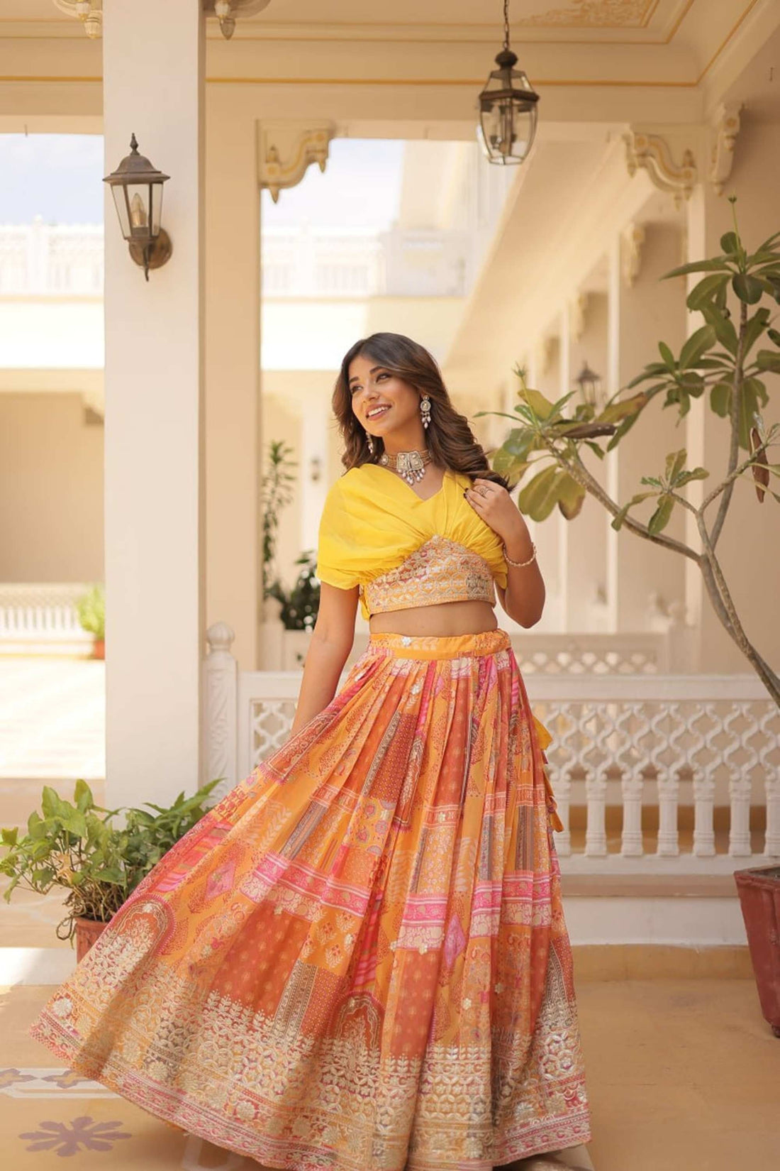 FABVILLA YELLOW SILK LEHENGA WITH DESIGNER BLOUSE