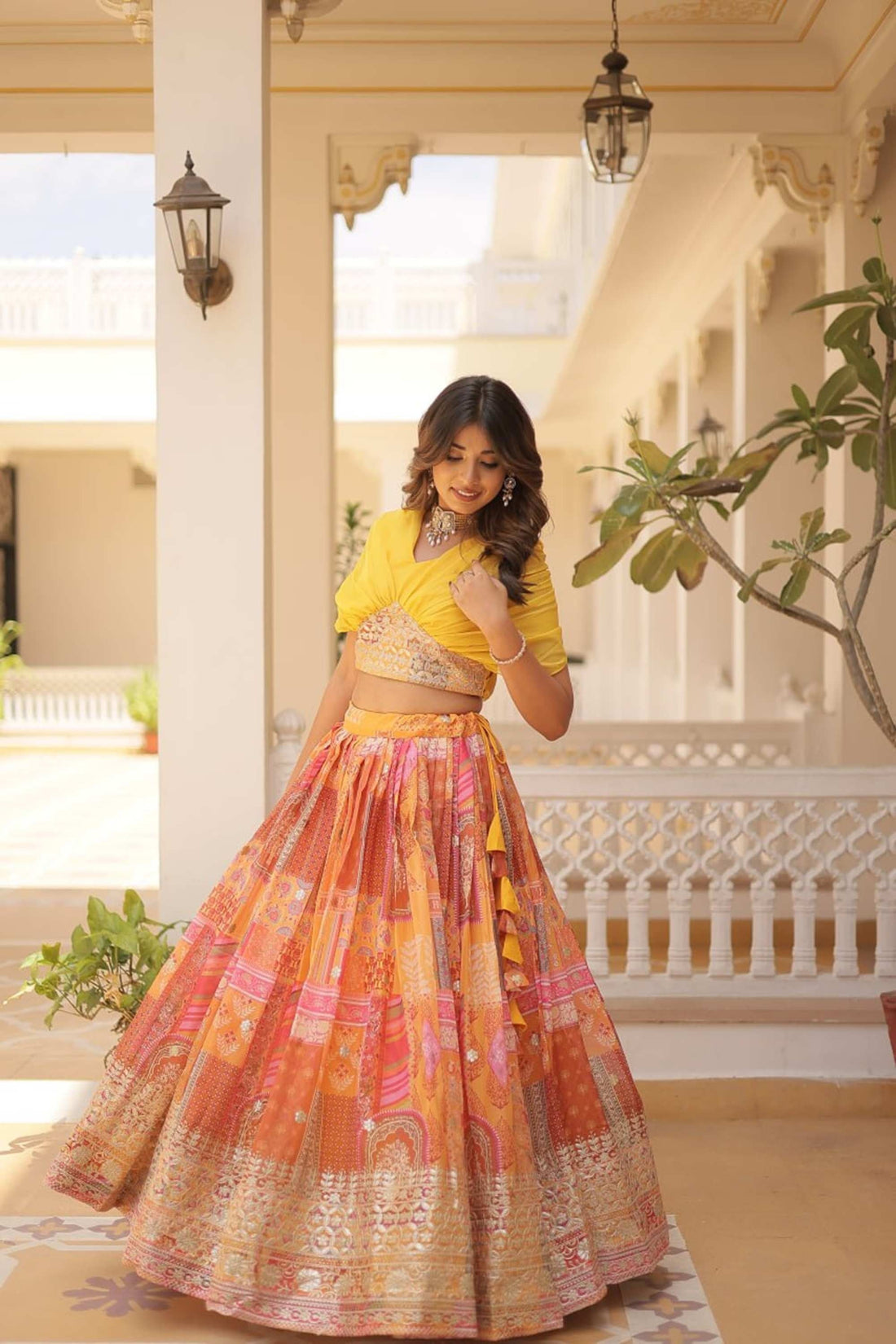 FABVILLA YELLOW SILK LEHENGA WITH DESIGNER BLOUSE