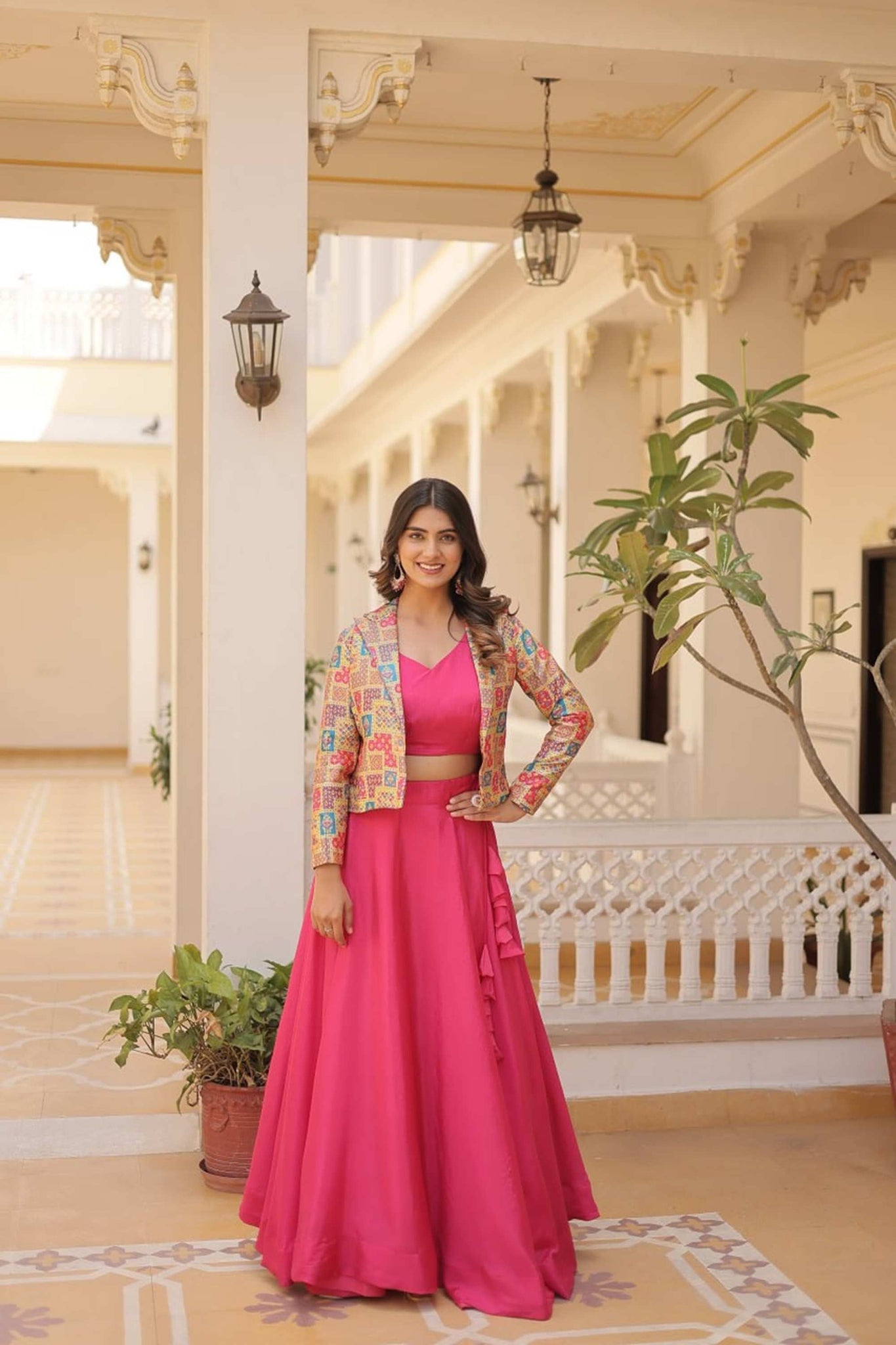 DAZZLING PINK COLOR PREMIUM READYMADE JACKET LEHENGA CHOLI SET