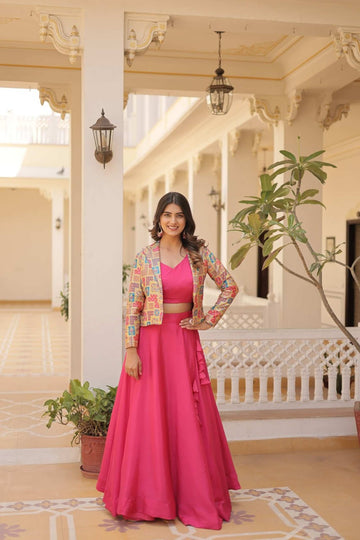 DAZZLING PINK COLOR PREMIUM READYMADE JACKET LEHENGA CHOLI SET