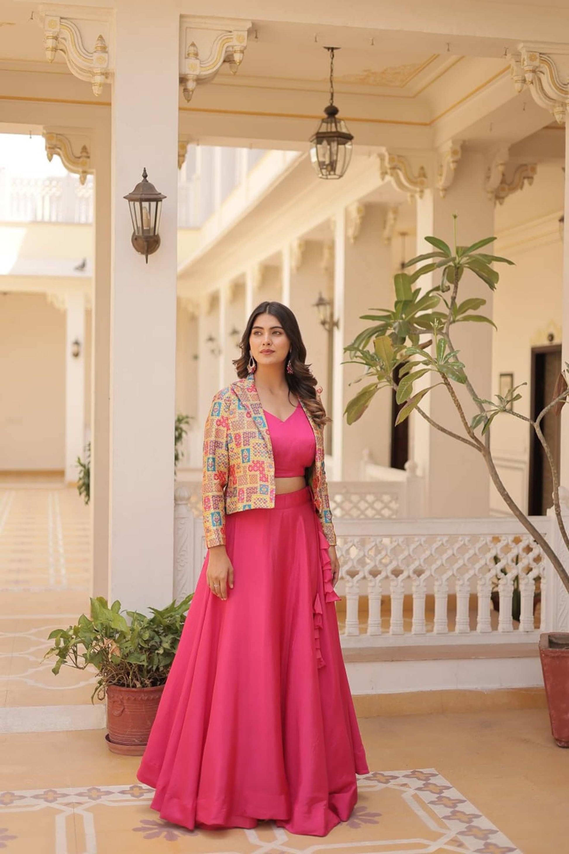 DAZZLING PINK COLOR PREMIUM READYMADE JACKET LEHENGA CHOLI SET