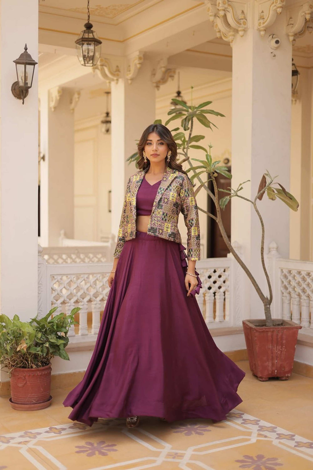ELEGANT WINE JACKET LEHENGA CHOLI EXQUISITE EMBROIDERY & FLARE