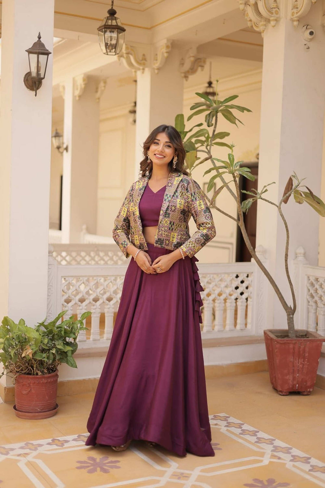 ELEGANT WINE JACKET LEHENGA CHOLI EXQUISITE EMBROIDERY & FLARE