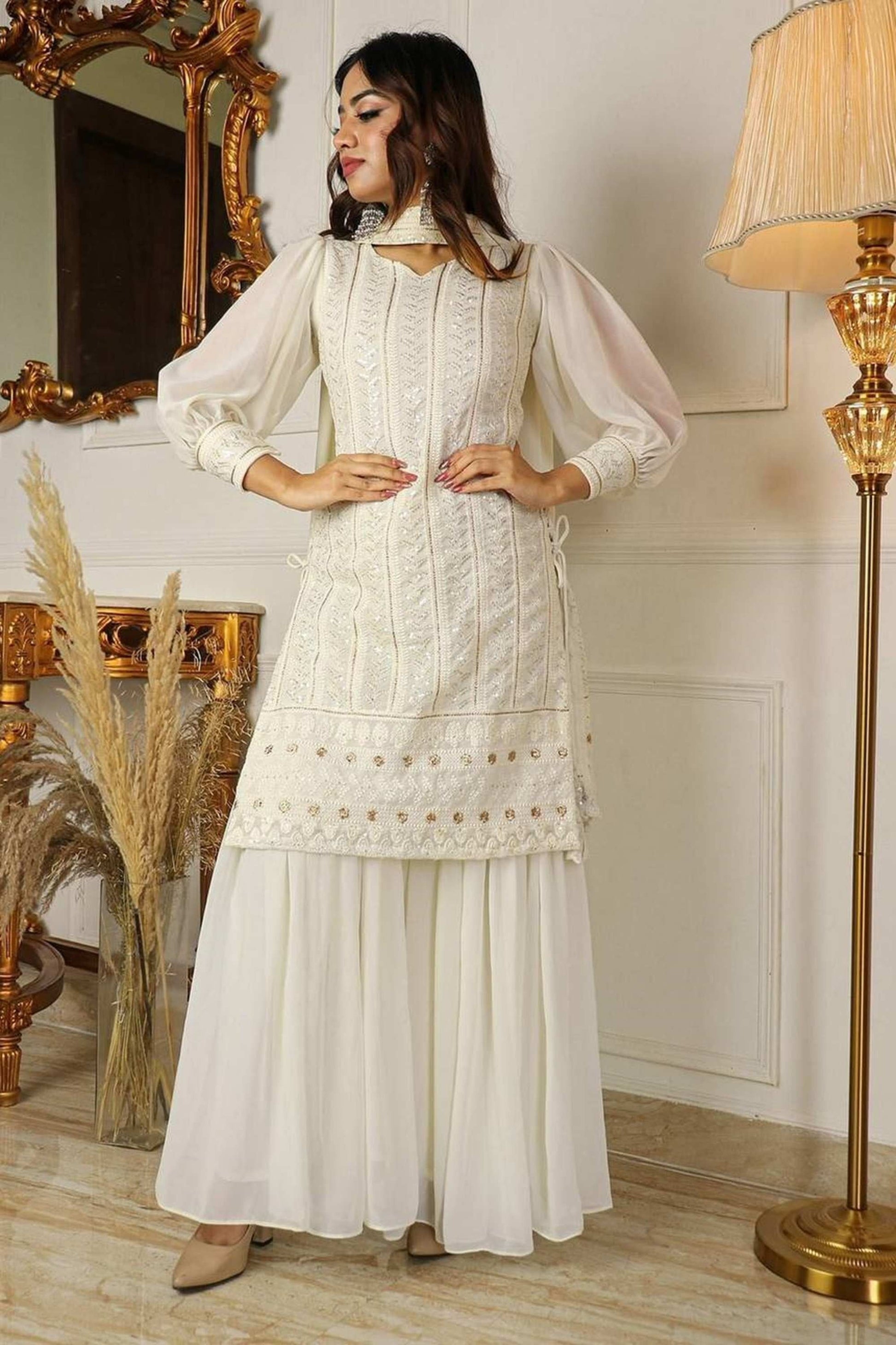 LUXURIOUS WHITE GEORGETTE SHARARA EXQUISITE LUCKNOWI EMBROIDERY