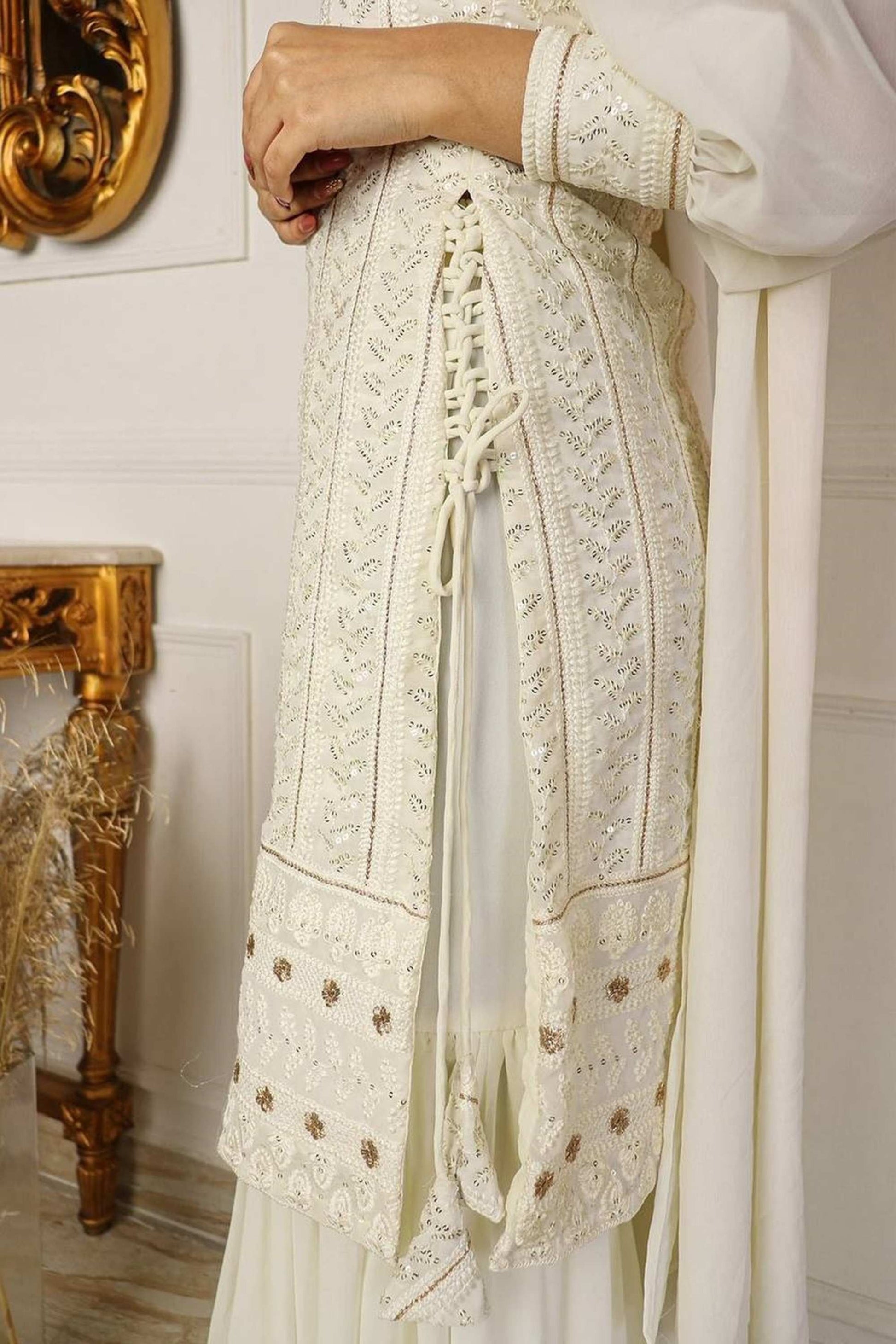 LUXURIOUS WHITE GEORGETTE SHARARA EXQUISITE LUCKNOWI EMBROIDERY