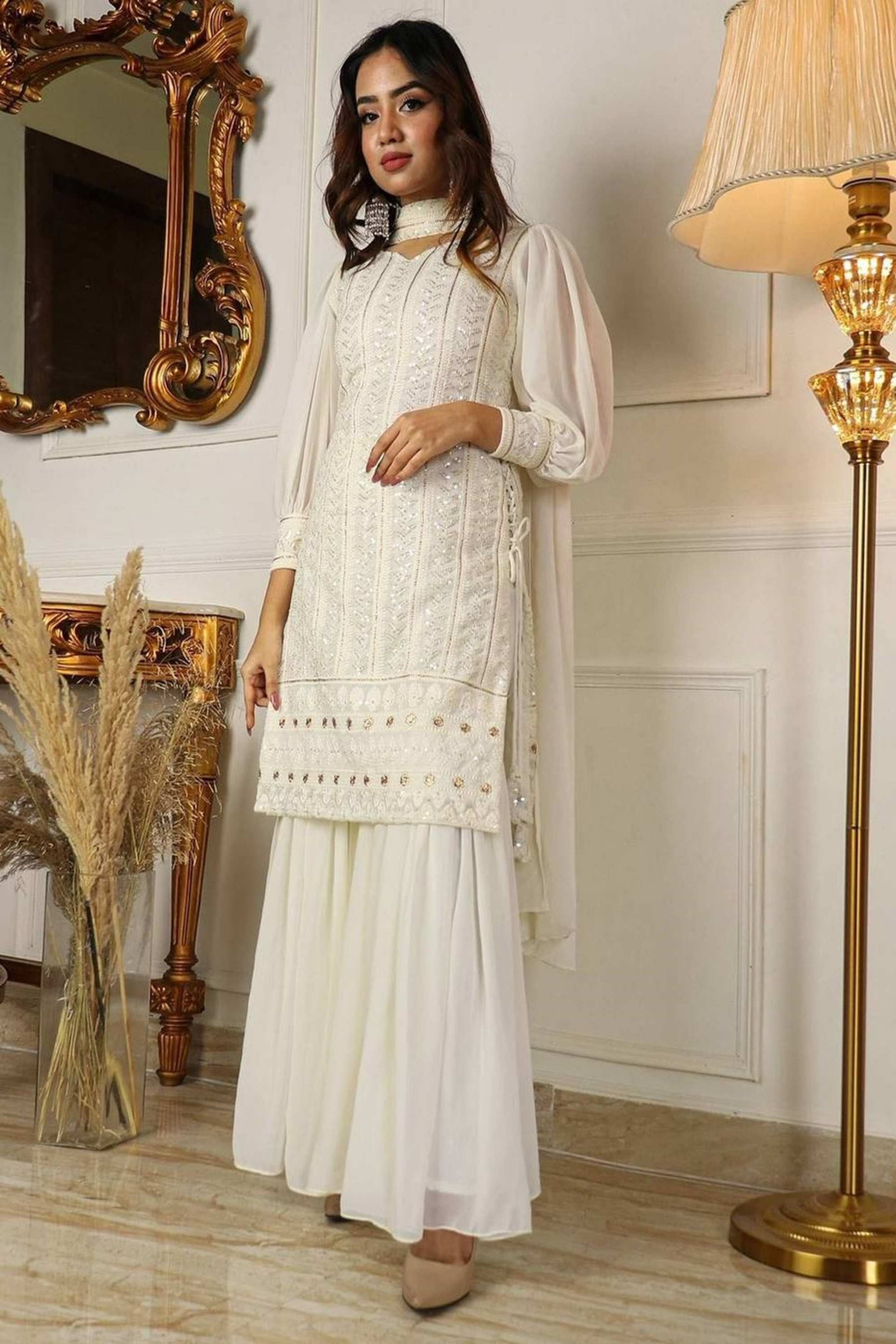 LUXURIOUS WHITE GEORGETTE SHARARA EXQUISITE LUCKNOWI EMBROIDERY