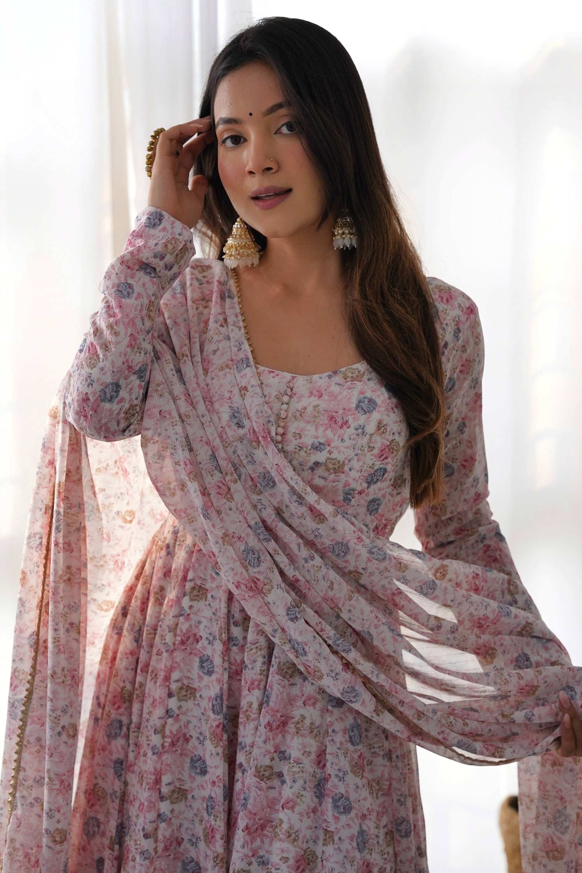 ELEGANT PINK CHIFFON ANARKALI SUIT WITH ORANGE FLORAL PRINT DUPATTA