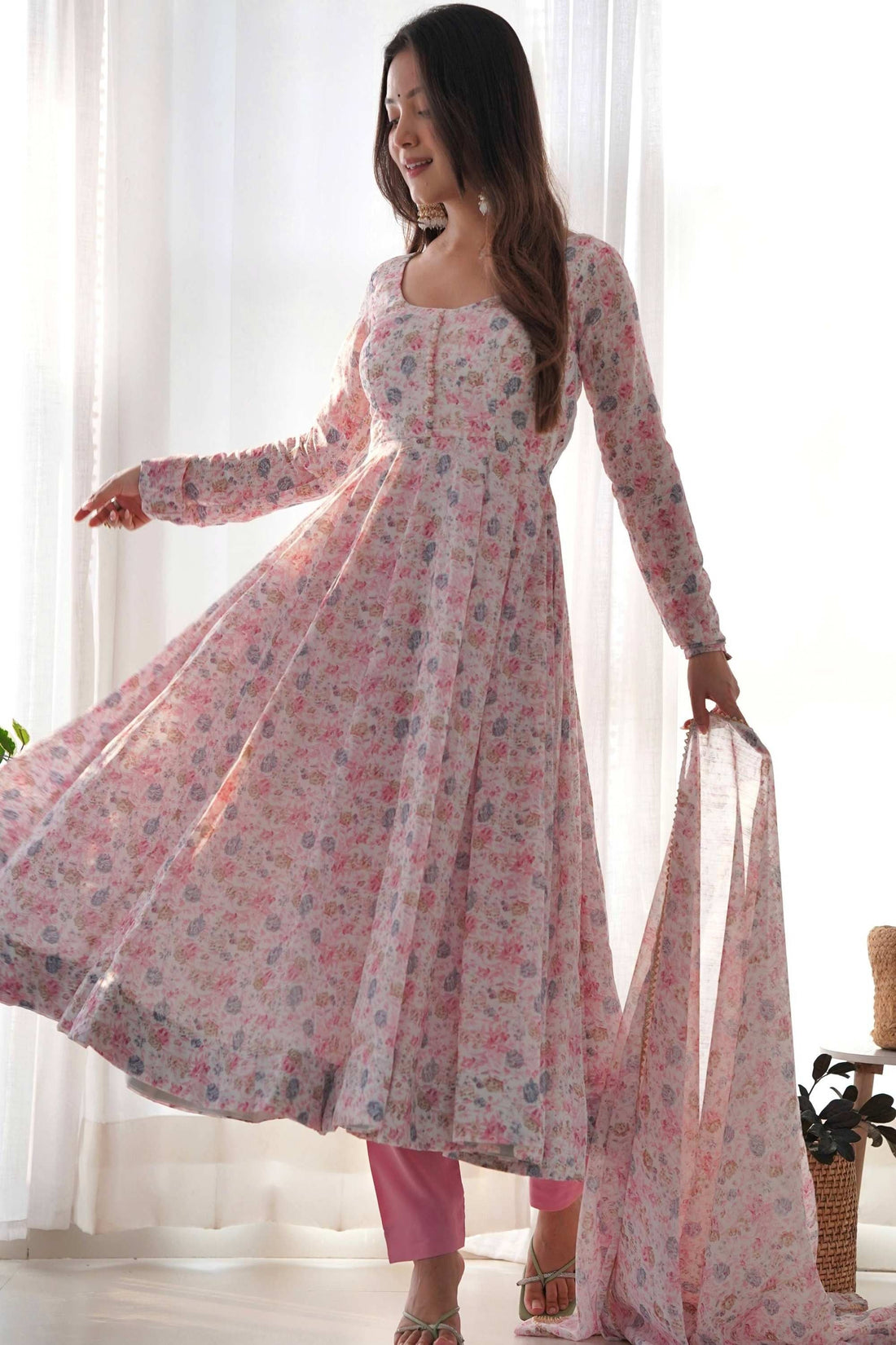 ELEGANT PINK CHIFFON ANARKALI SUIT WITH ORANGE FLORAL PRINT DUPATTA