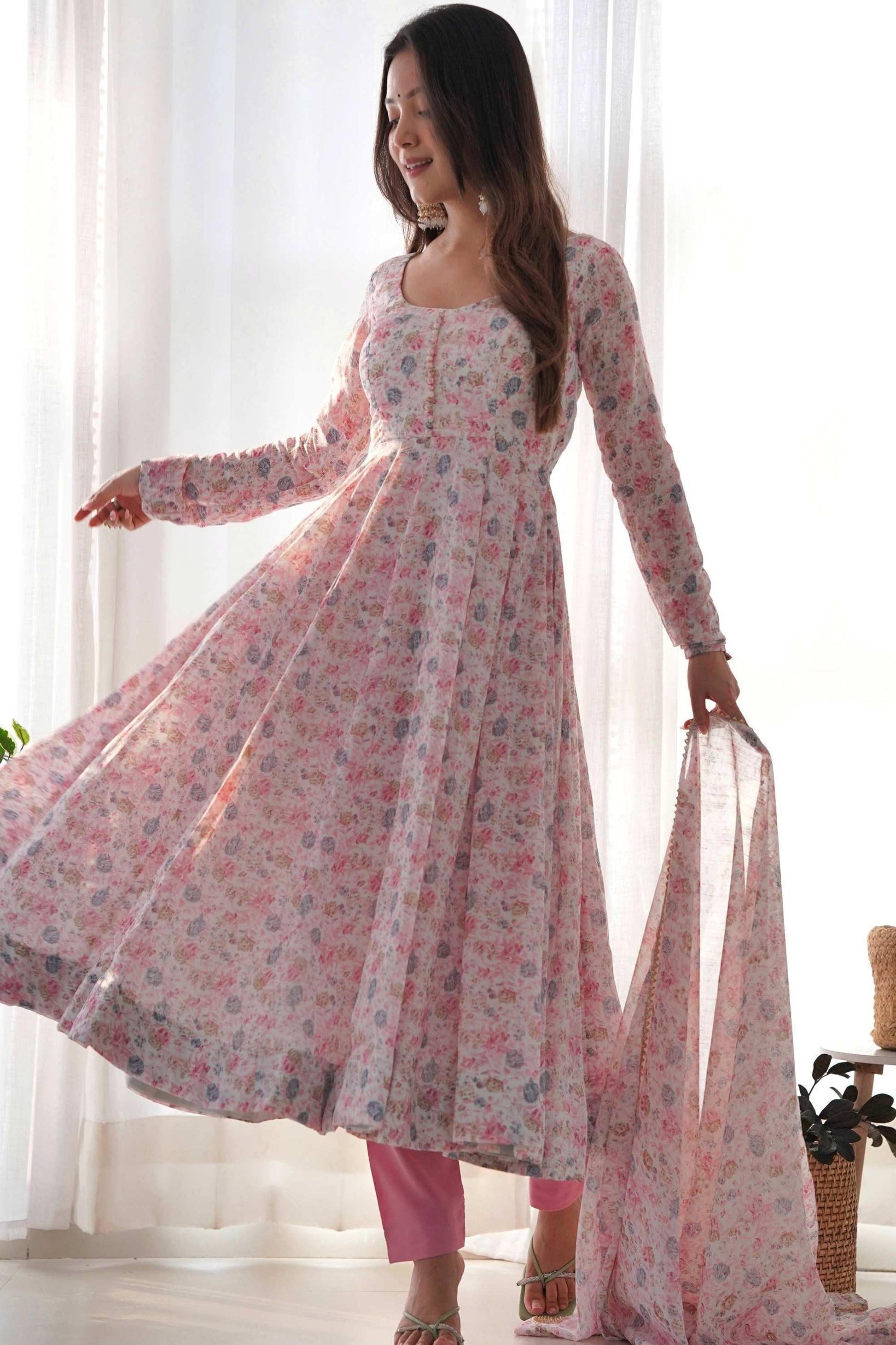 ELEGANT PINK CHIFFON ANARKALI SUIT WITH ORANGE FLORAL PRINT DUPATTA