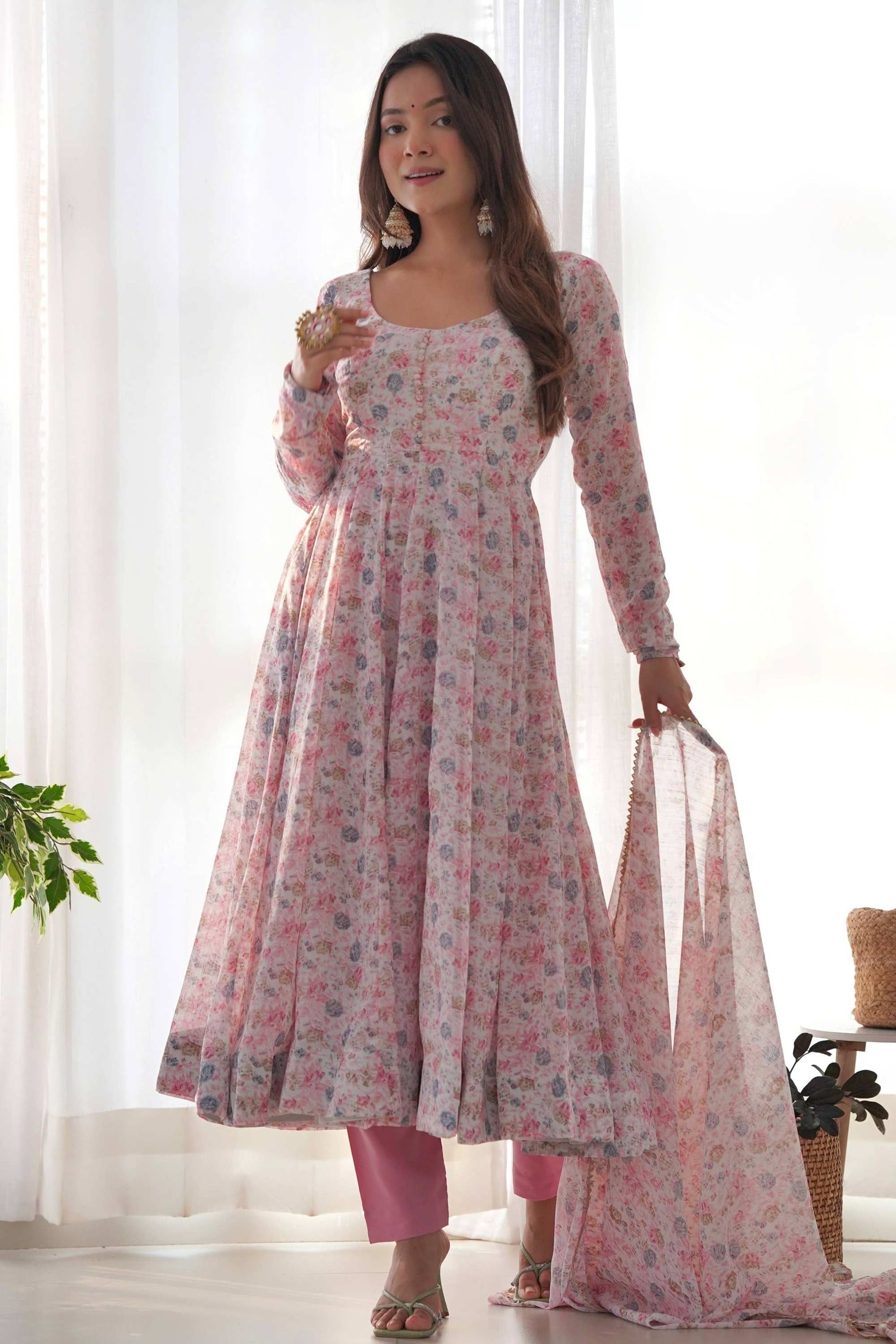 ELEGANT PINK CHIFFON ANARKALI SUIT WITH ORANGE FLORAL PRINT DUPATTA