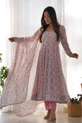 ELEGANT PINK CHIFFON ANARKALI SUIT WITH ORANGE FLORAL PRINT DUPATTA