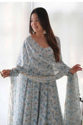 EXQUISITE SKY BLUE CHIFFON ANARKALI SUIT WITH FLORAL PRINT DUPATTA