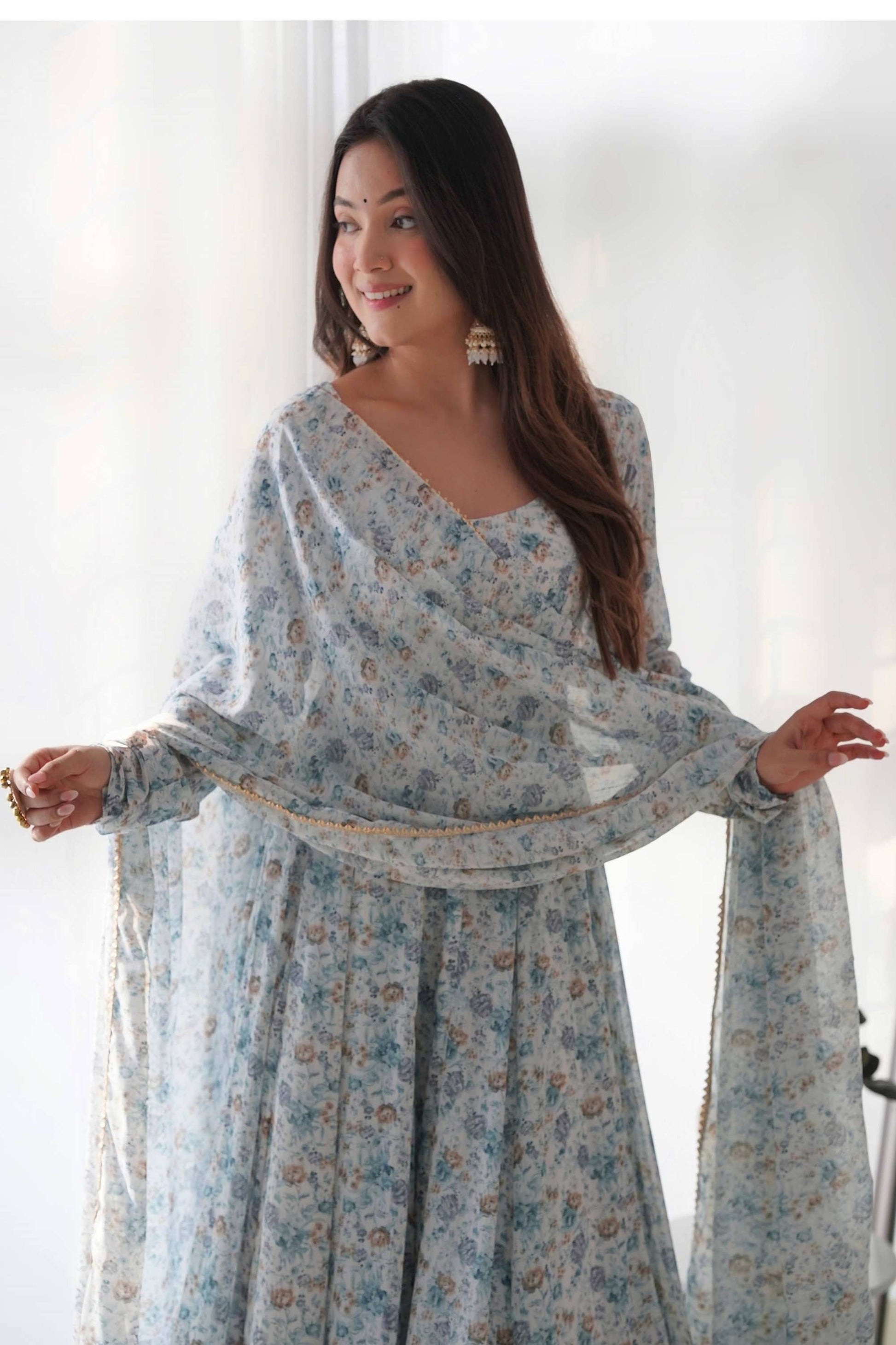 EXQUISITE SKY BLUE CHIFFON ANARKALI SUIT WITH FLORAL PRINT DUPATTA