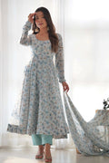 EXQUISITE SKY BLUE CHIFFON ANARKALI SUIT WITH FLORAL PRINT DUPATTA