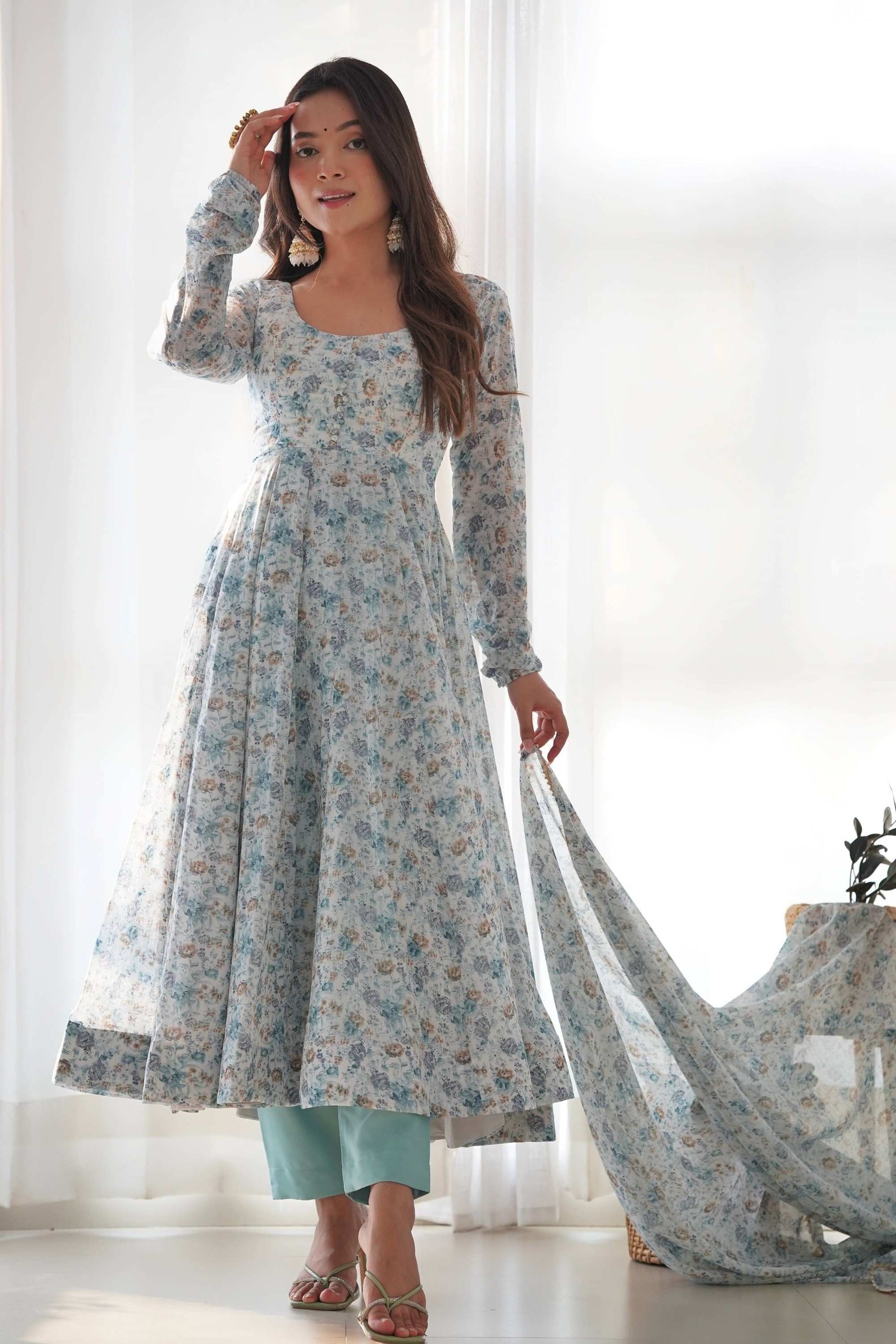 EXQUISITE SKY BLUE CHIFFON ANARKALI SUIT WITH FLORAL PRINT DUPATTA