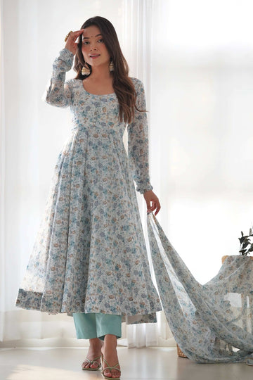 EXQUISITE SKY BLUE CHIFFON ANARKALI SUIT WITH FLORAL PRINT DUPATTA