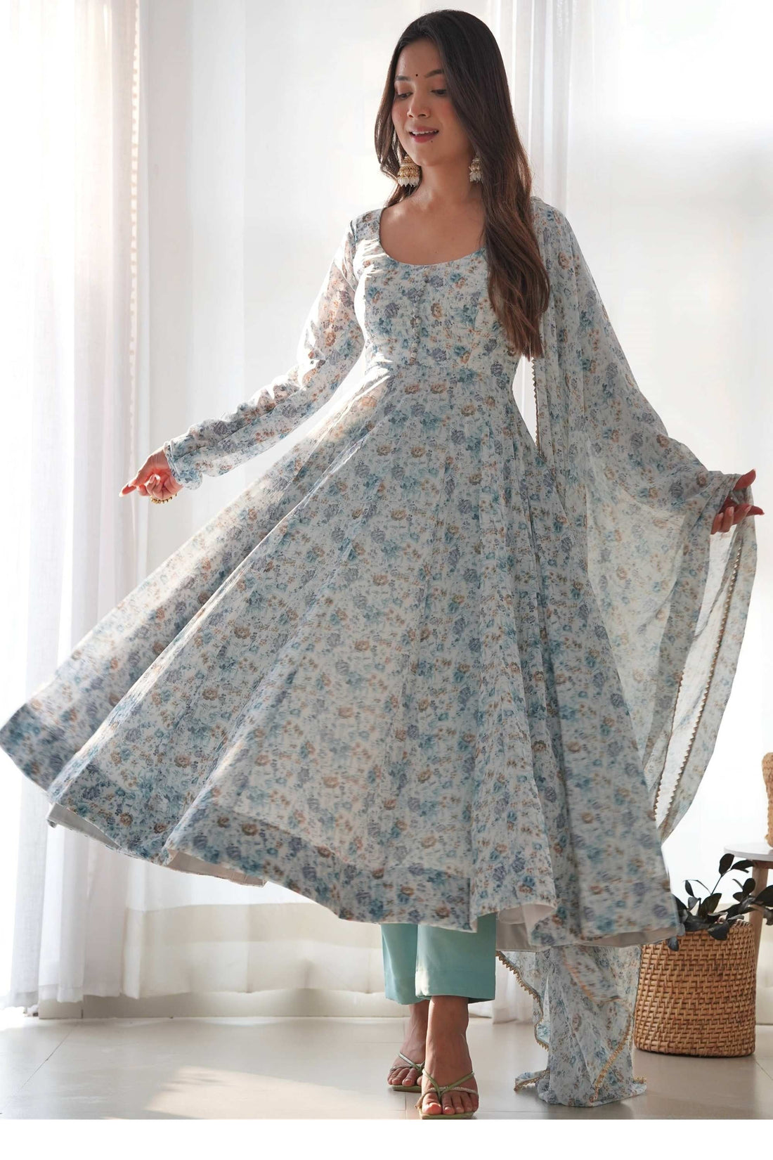 EXQUISITE SKY BLUE CHIFFON ANARKALI SUIT WITH FLORAL PRINT DUPATTA
