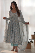 EXQUISITE SKY BLUE CHIFFON ANARKALI SUIT WITH FLORAL PRINT DUPATTA