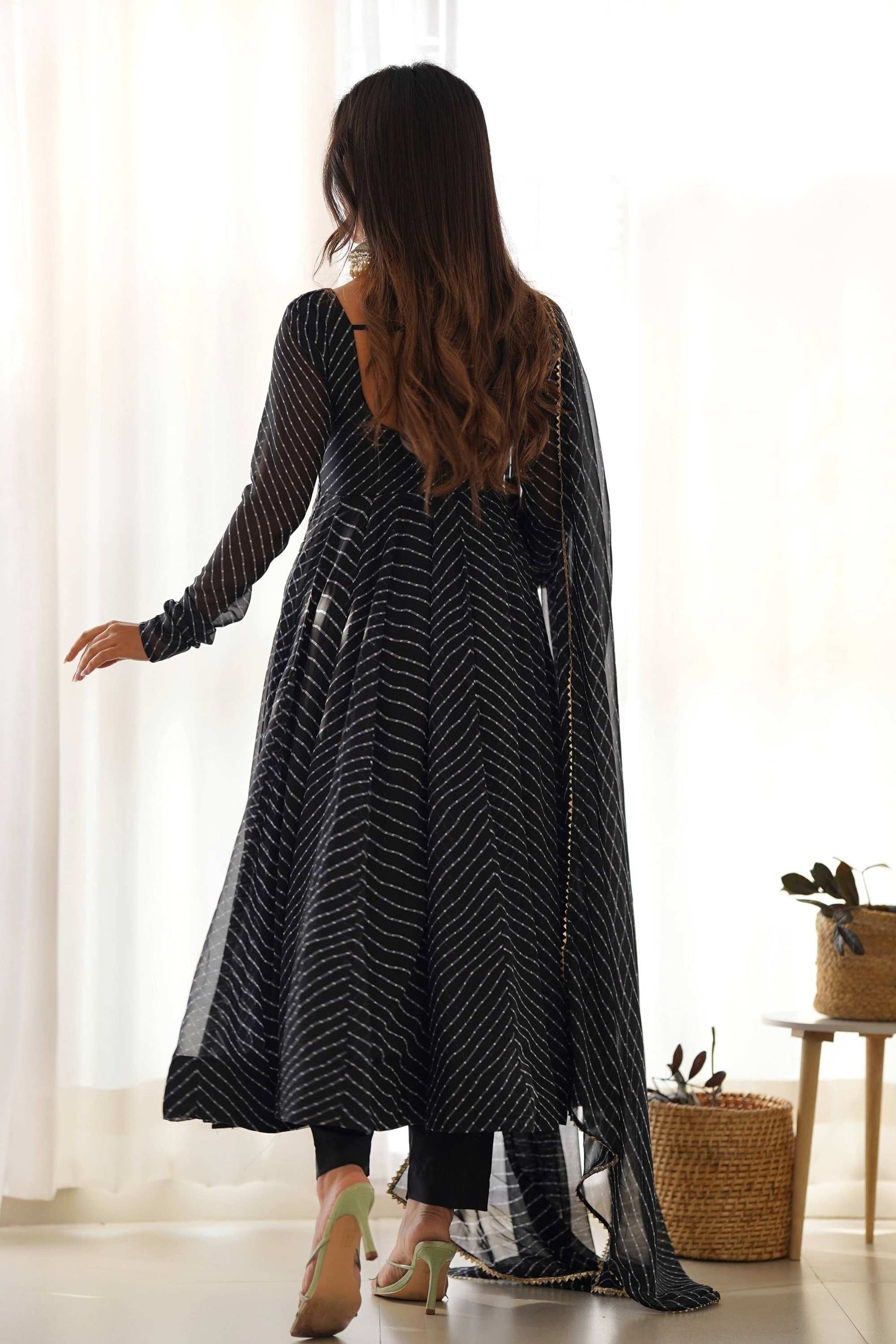 STUNNING BLACK LAHERIYA PRINT GEORGETTE ANARKALI SUIT WITH DUPATTA