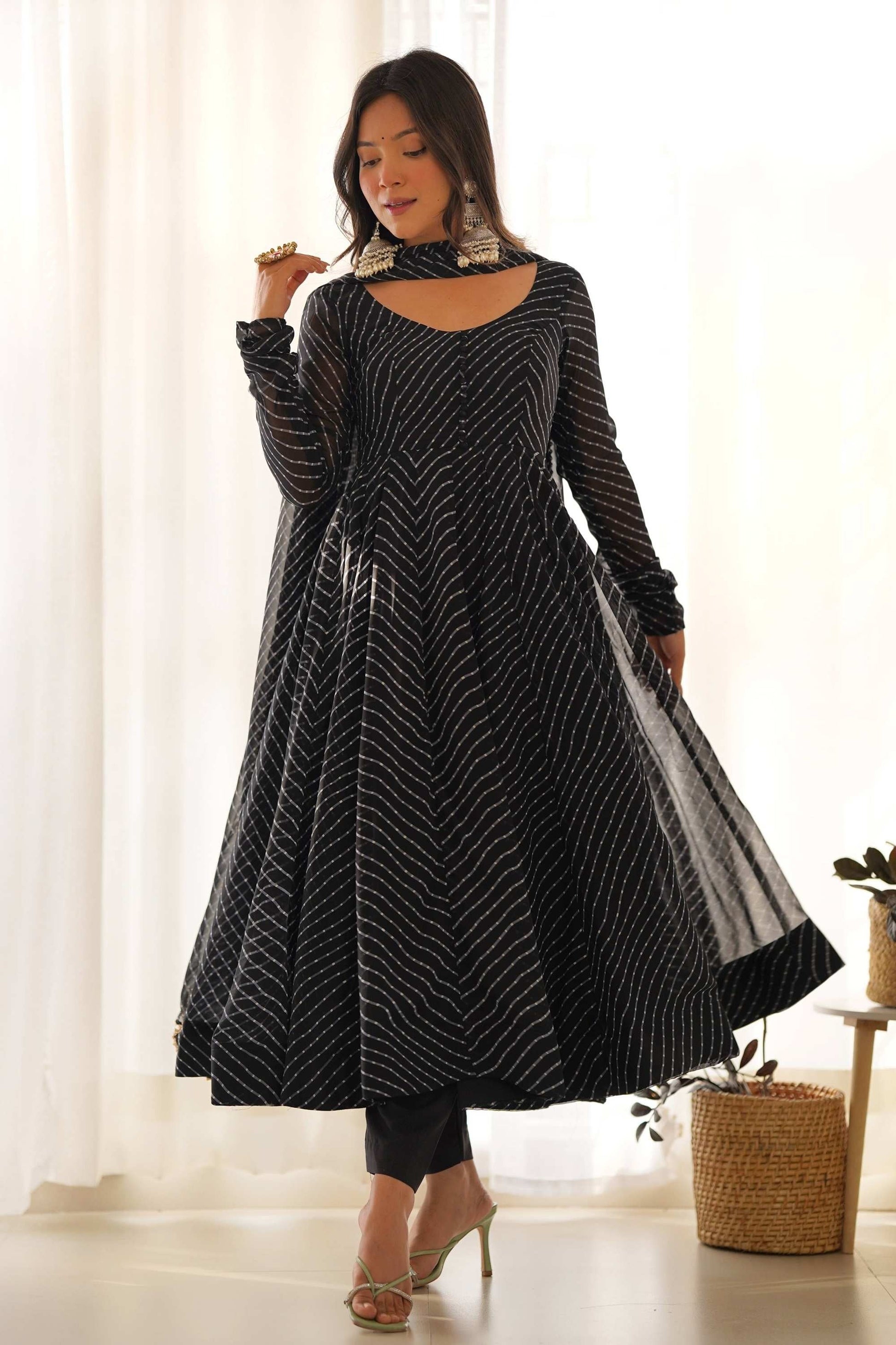 STUNNING BLACK LAHERIYA PRINT GEORGETTE ANARKALI SUIT WITH DUPATTA